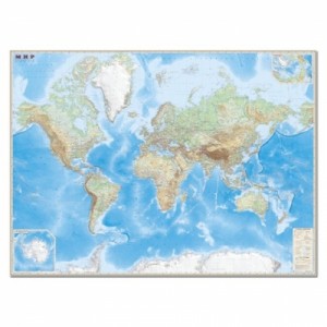 Карта мира обзорная, физическая с границами, 1:15 млн., 192*140 см, ламинированная