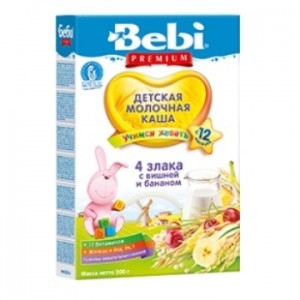 Каша молочная Bebi Premium (Беби Премиум) 4 злака с вишней и бананом, с 1 года, 200 гр.