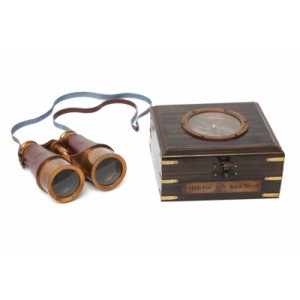 Бинокль в деревянной подарочной коробке с компасом и латунным декором Secret De Maison( mod. 48366 ), латунь/дерево/кожа, 17х15х8,5см, античная медь/коричневый